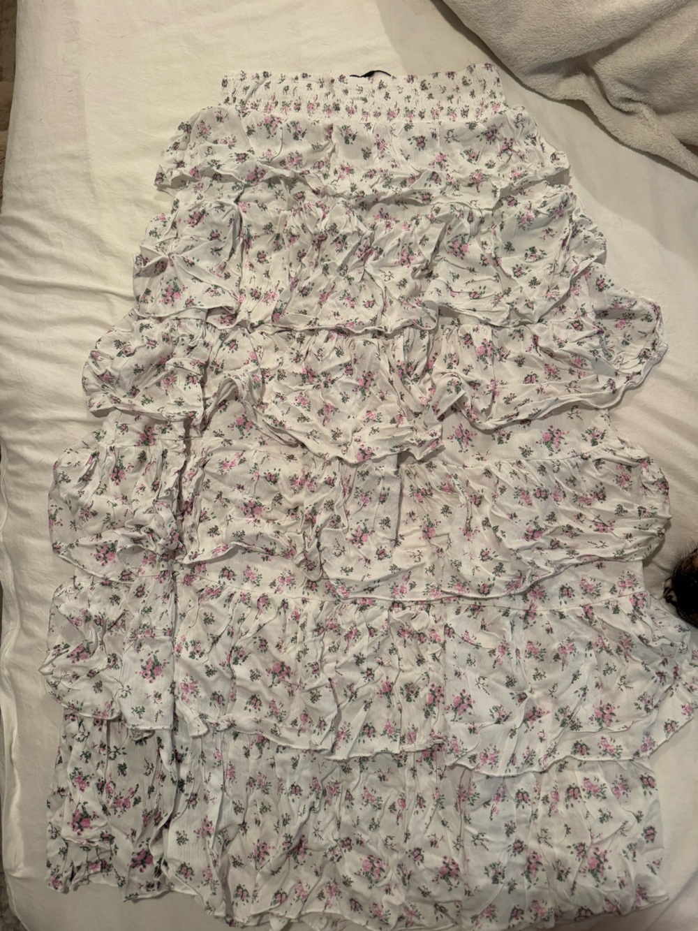 Fashion Nova White skirt with Pink Floral Ruffles